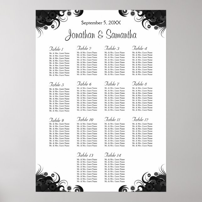 Schwarz-Weiß-Hochzeit 14 Tische Sitzkarten Poster (Vorne)