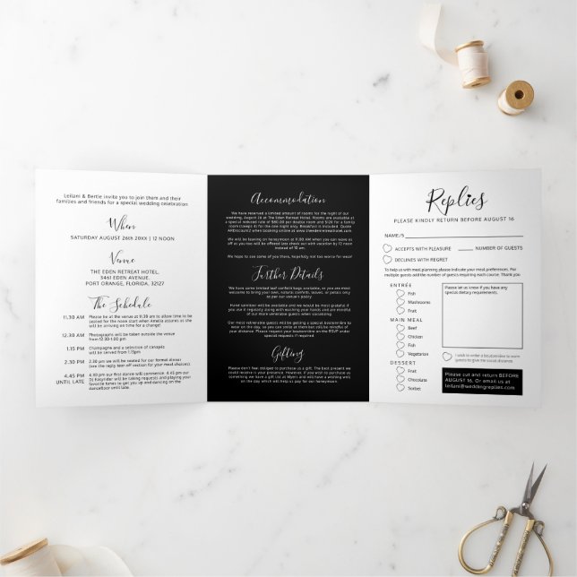 Schwarz-Weiß-Hochzeit Dreifach Gefaltete Einladung (Innenseite)