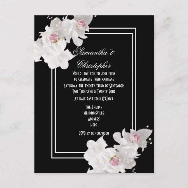 Schwarz-Weiß-Hochzeit mit Blumen Einladungspostkarte (Vorderseite)