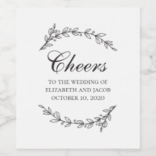 Schwarz-Weiß-Hochzeit mit edlem botanischem Blattw Weinetikett