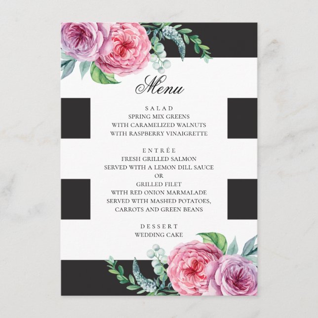Schwarz-Weiß-Hochzeit. Rosa Blütenfarbe Menükarte (Vorderseite)
