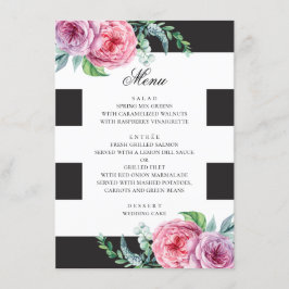 Schwarz-Weiß-Hochzeit. Rosa Blütenfarbe Menükarte