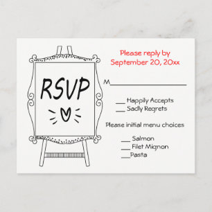 Schwarz-Weiß-Hochzeit RSVP Künstler-Easel-Schild Einladungspostkarte