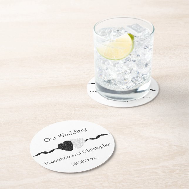 Schwarz-Weiß-Hochzeit Runder Pappuntersetzer (Vor Ort)