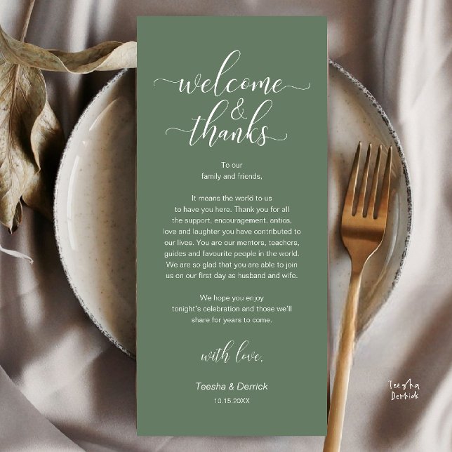 Schwarz Weiß Hochzeit Tischdeko Dankeskarten Set Programm (Welcome and Thanks, Wedding Dinner Place Setting Thank You Card in Sage Green)