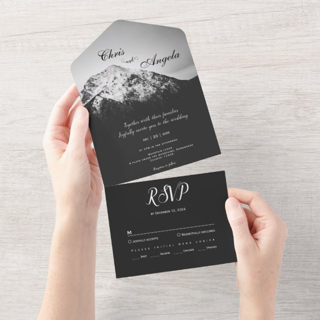 Schwarz-Weiß-Hochzeit unter den Bergen All In One Einladung (Abreißen)