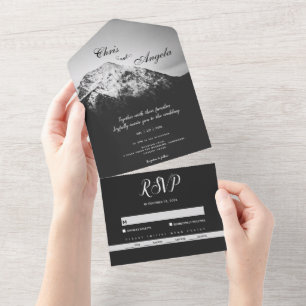 Schwarz-Weiß-Hochzeit unter den Bergen All In One Einladung