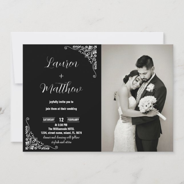Schwarz-Weiß-Hochzeitseinladungen mit Foto Einladung (Vorderseite)