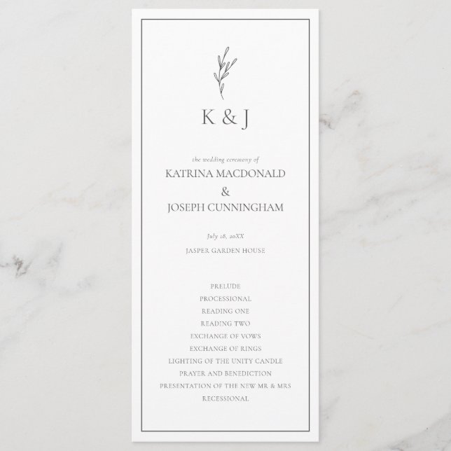 Schwarz-Weiß-Hochzeitsfeier Minimalistisches Elega Programm (Vorderseite)