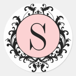 Schwarz Weiß Hochzeitsmonogramm S Damast Rosa Etik Runder Aufkleber