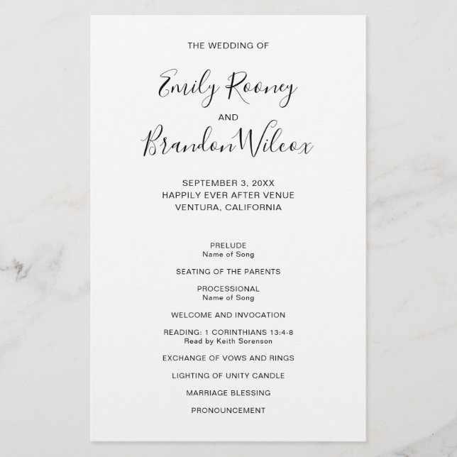 Schwarz-Weiß-Hochzeitsprogramm für das moderne Bud Flyer (Vorne)