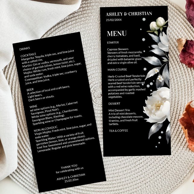 Schwarz-Weiß-Hochzeitsvorlage Menükarte (Black and white elegant boho wedding template menu card white silver peonies black menu cards)