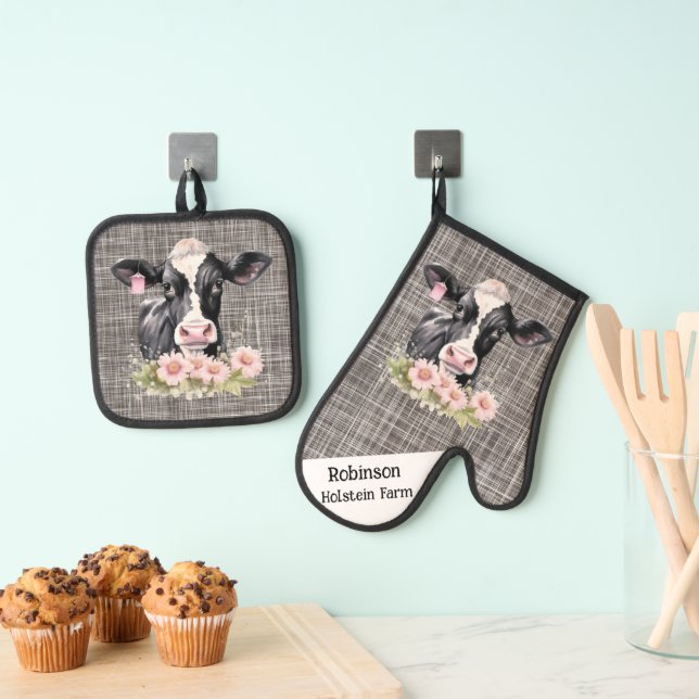 Schwarz-Weiß-Holstein-Kuh mit Floral Ofenhandschuh & Topflappen-Set (Insitu (Hängend))