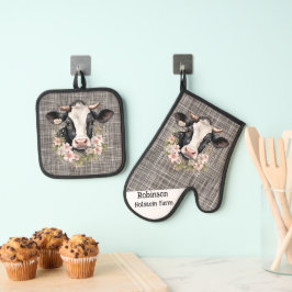 Schwarz-Weiß-Holstein-Kuh mit Floral Ofenhandschuh & Topflappen-Set
