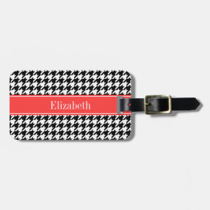 Schwarz Weiß Houndstooth Korallenrot Name Monogram Gepäckanhänger
