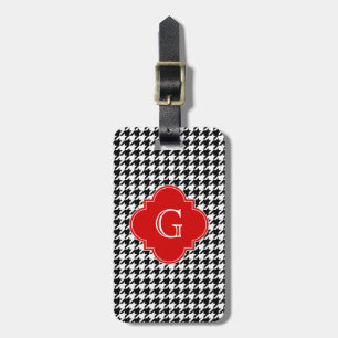 Schwarz Weiß Houndstooth Rot Quatrefoil Monogramm Gepäckanhänger