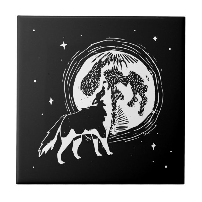 Schwarz-Weiß-Howling Husky Moon Linocut Fliese (Vorderseite)