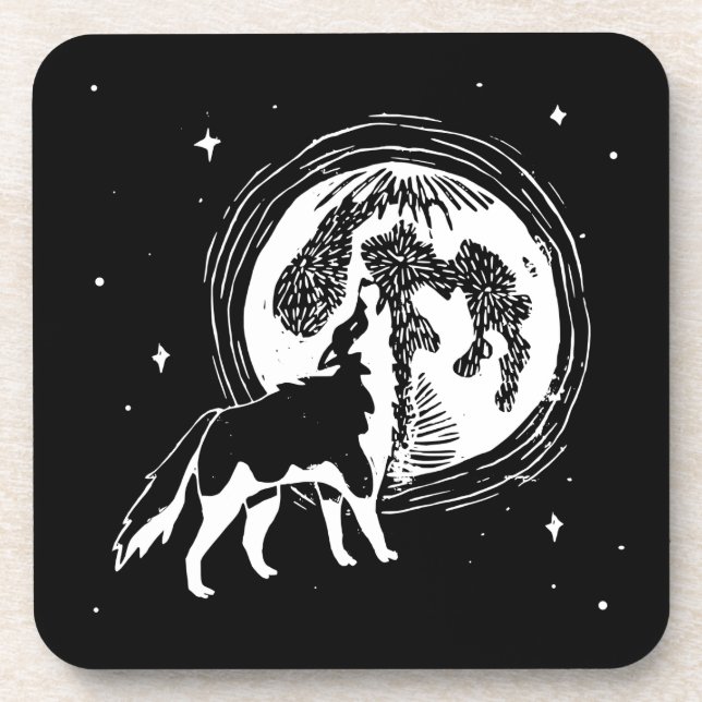 Schwarz-Weiß-Howling Husky Moon Linocut Getränkeuntersetzer (Vorderseite)