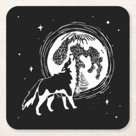 Schwarz-Weiß-Howling Husky Moon Linocut Rechteckiger Pappuntersetzer