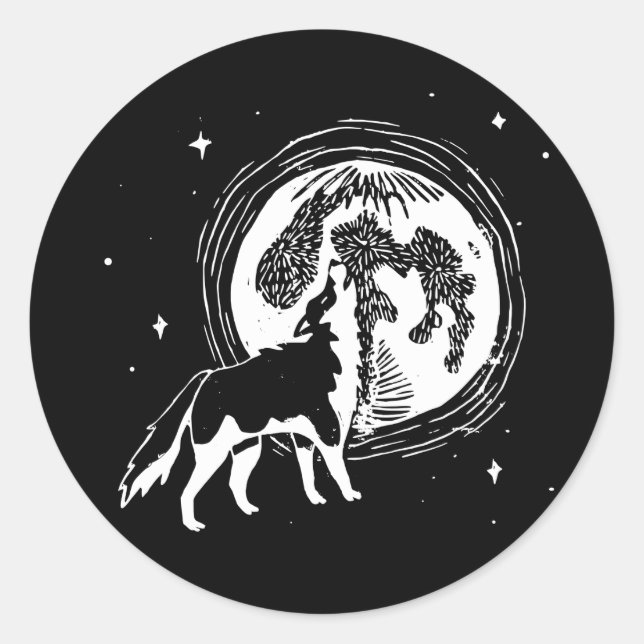 Schwarz-Weiß-Howling Husky Moon Linocut Runder Aufkleber (Vorderseite)