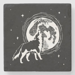 Schwarz-Weiß-Howling Husky Moon Linocut Steinuntersetzer