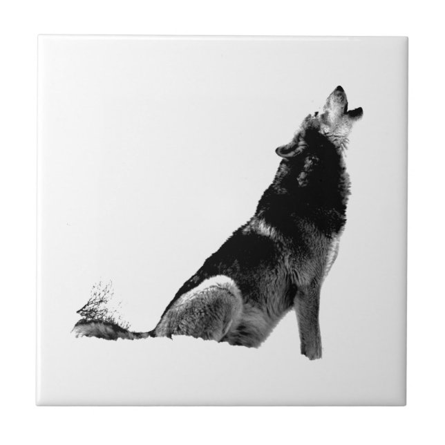 Schwarz-weiß Howling Wolf Fliese (Vorderseite)