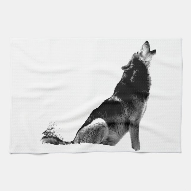 Schwarz-weiß Howling Wolf Küchentuch (Horizontal)