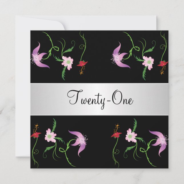 Schwarz-Weiß-Hübsche Blume 21. Geburtstag Party Einladung (Vorderseite)