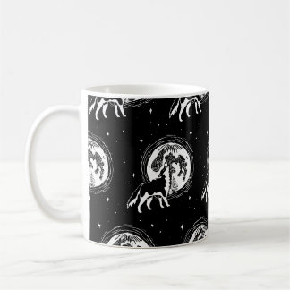 Schwarz-Weiß-Husky-Moon-Linocut-Muster Kaffeetasse