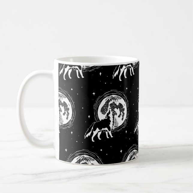 Schwarz-Weiß-Husky-Moon-Linocut-Muster Kaffeetasse (Links)