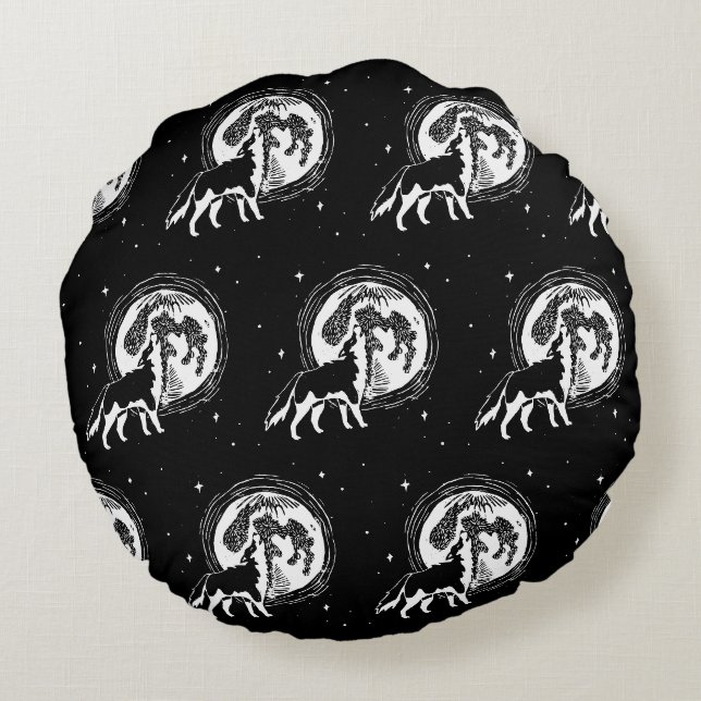 Schwarz-Weiß-Husky-Moon-Linocut-Muster Rundes Kissen (Rückseite)