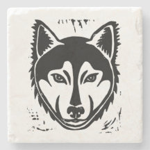 Schwarz-Weiß-Husky-Portrait Lino Cut Print