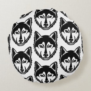 Schwarz-Weiß-Husky-Portrait Lino-Schnittmuster Rundes Kissen