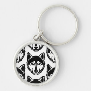 Schwarz-Weiß-Husky-Portrait Lino-Schnittmuster Schlüsselanhänger
