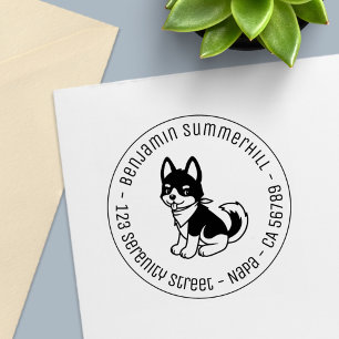 Schwarz-Weiß-Husky-Welpen-Runde-Adresse Permastempel