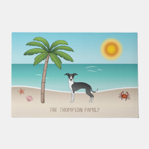 Schwarz-Weiß-Iggy-Hund im tropischen Sommer Beach Fußmatte