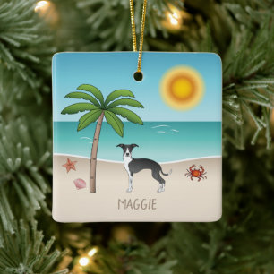 Schwarz-Weiß-Iggy-Hund im tropischen Sommer Beach Keramikornament