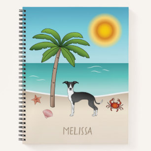 Schwarz-Weiß-Iggy-Hund im tropischen Sommer Beach Notizbuch