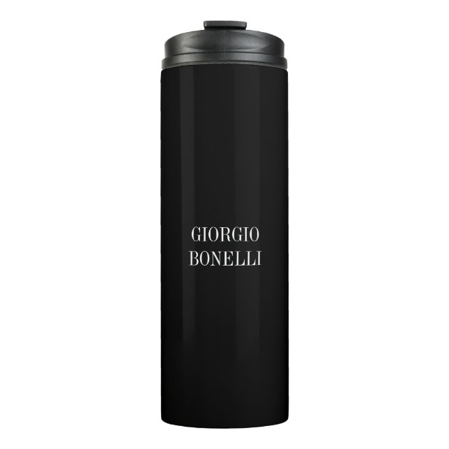 Schwarz-weiß Ihr Name Minimalistisch Personal Mode Thermosbecher (Vorderseite)