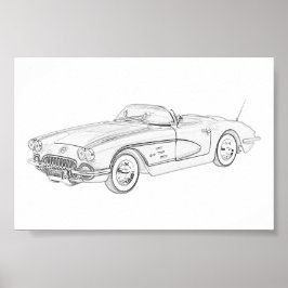 Schwarz-Weiß-Illustration 1958 Chevy Corvette Poster
