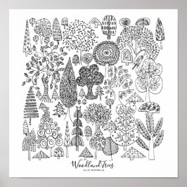 Schwarz-Weiß-Illustration von Waldbaumen Poster