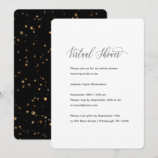 Schwarz-Weiß-Imitats Gold Virtual Brautparty Einladung (Vorne/Hinten)
