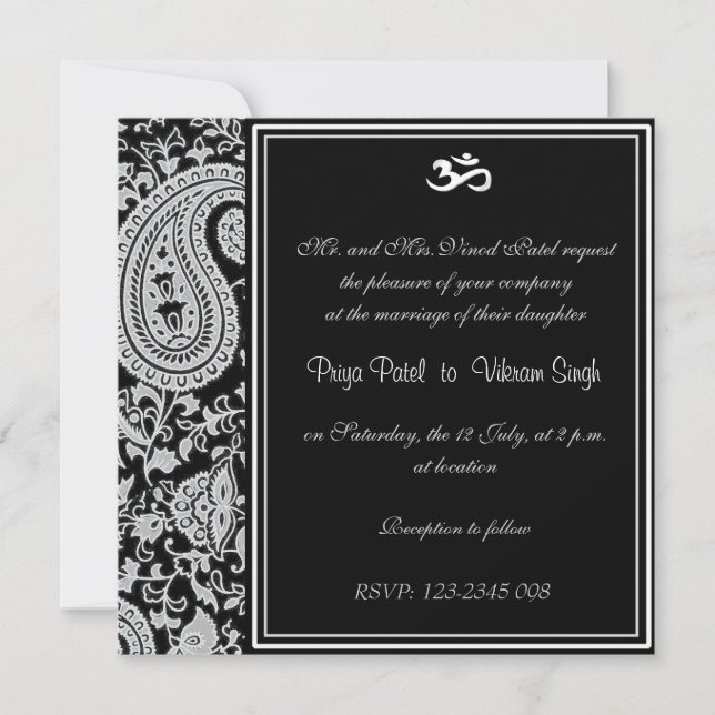Schwarz-Weiß-Indische Damask Hindu Hochzeit Einladung (Vorderseite)