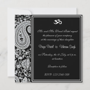 Schwarz-Weiß-Indische Damask Hindu Hochzeit Einladung