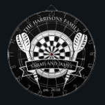 Schwarz-Weiß-Individuelle Name Dartscheibe<br><div class="desc">Feiern Sie Ihren besonderen Tag mit dem Black and White Family Individuelle Name Wedding Dart Board. Mit seinem zeitlosen monochromen Design kann dieses Mainboard mit dem Nachnamen des Paares personalisiert werden, was es zu einem einzigartigen Sake oder zu einem spielerischen Hochzeitsgeschenk macht. Dieses Stück ist ideal, um Ihrer Zuhause einen...</div>