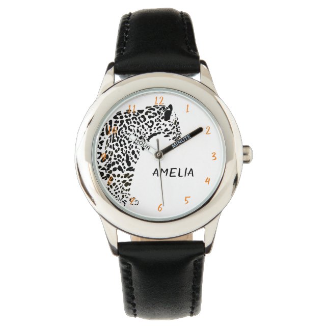 Schwarz-Weiß-Jaguar-Illustration Armbanduhr (Vorderseite)