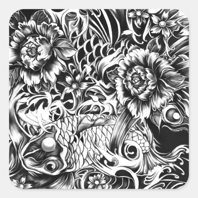 Schwarz-Weiß japanische Koi Tattoo-Kunst. Quadratischer Aufkleber (Vorderseite)
