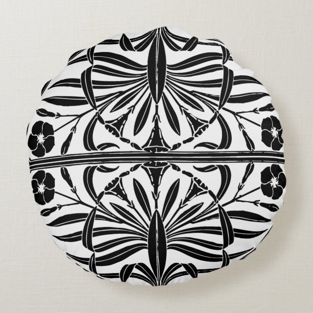 Schwarz-Weiß Jugendstil Rundkissen Rundes Kissen (Rückseite)
