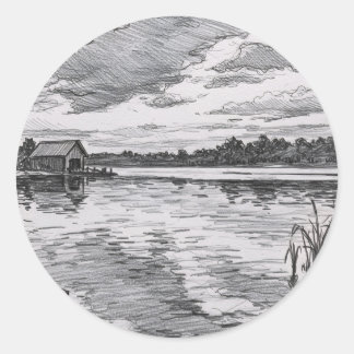 Schwarz-Weiß-Kabine am See Runder Aufkleber