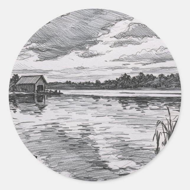 Schwarz-Weiß-Kabine am See Runder Aufkleber (Vorderseite)